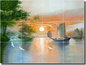 Bettiri Oriental Seascape Ceramic Tile Mural 17" x 12.75" - MSA2004