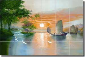 Bettiri Oriental Seascape Ceramic Tile Mural 25.5" x 17" - MSA2004