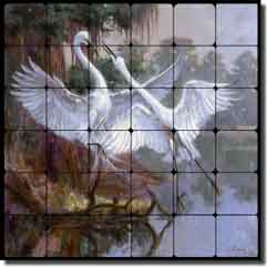 Two Cranes by Nenad Mirkovich Tumbled Marble Tile Mural 24" x 24" - NMA013