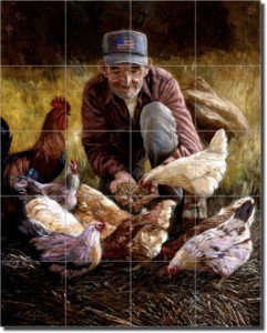 Grandpa's Chickens by Nenad Mirkovich - Rooster Tumbled Marble Tile Mural 20" x 16" Kitchen Shower B