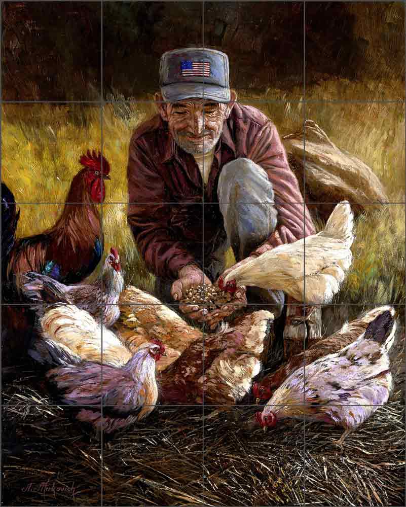 Grandpa's Chickens by Nenad Mirkovich Ceramic Tile Mural - NMA035