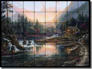 Mirkovich Mountain Landscape Tumbled Marble Tile Mural 32" x 24" - NMA056