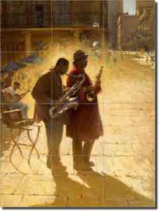 New Orleans by Lidia Dinner - Musician Ceramic Tile Mural 17" x 12.75"