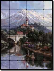 Mirkovich Mountain Landscape Tumbled Marble Tile Mural 24" x 32" - NMA060