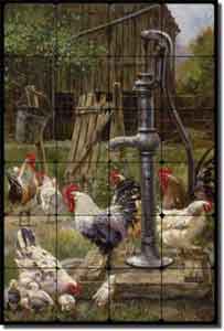 Mirkovich Rooster Farm Tumbled Marble Tile Mural 16" x 24" - NMA067