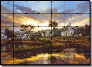 Mirkovich Village Church Landscape Tumbled Marble Tile Mural 28" x 20" - NMA084