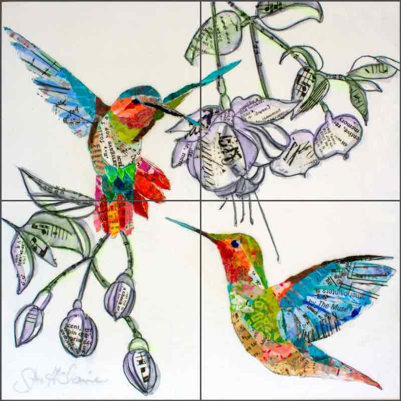 Hummers and Blooms 1 by Elizabeth St Hilaire Ceramic Tile Mural OB-EN1177