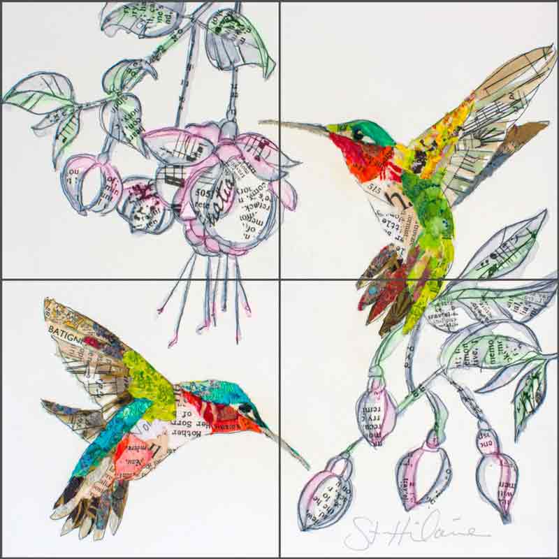 Hummers and Blooms 2 by Elizabeth St Hilaire Ceramic Tile Mural OB-EN1178