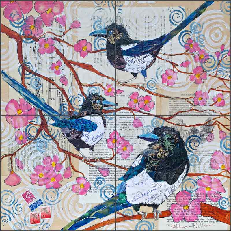 Magpies and Pink Blossoms by Elizabeth St Hilaire Ceramic Tile Mural OB-EN456
