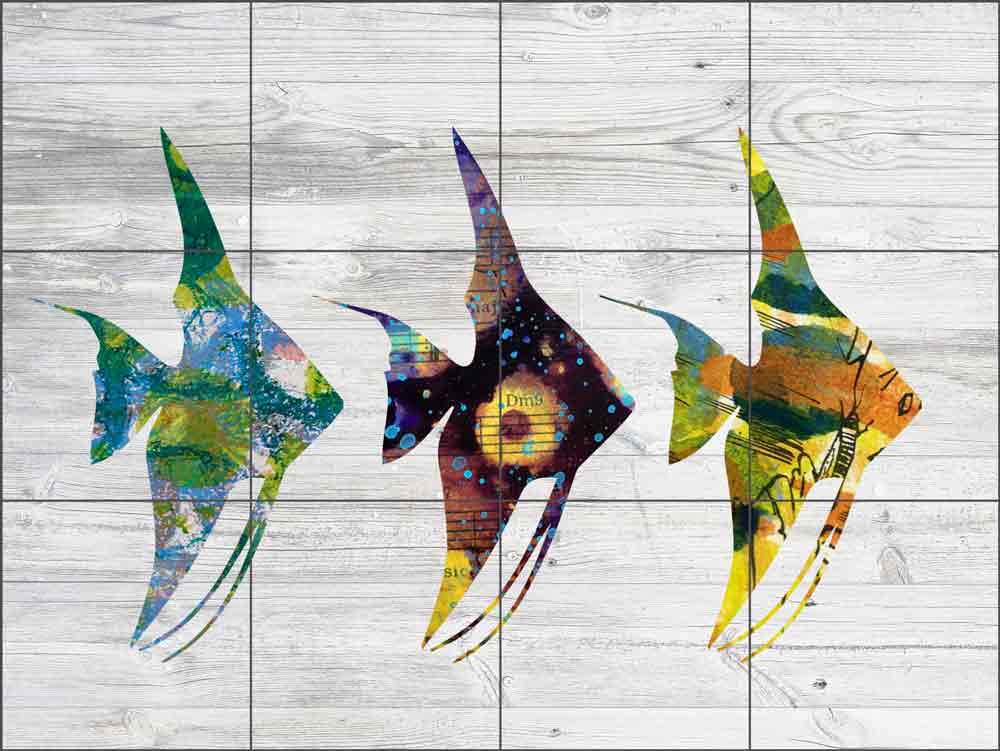 Three Angel Fish on White by Elizabeth St Hilaire Ceramic Tile Mural OB-EN958