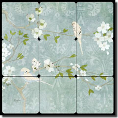 Evelia Birds Floral Tumbled Marble Tile Mural 12" x 12" - OB-ES66a