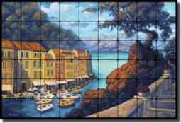 Novak Mediterranean Seascape Tumbled Marble Tile Mural 36" x 24" - OB-KN04