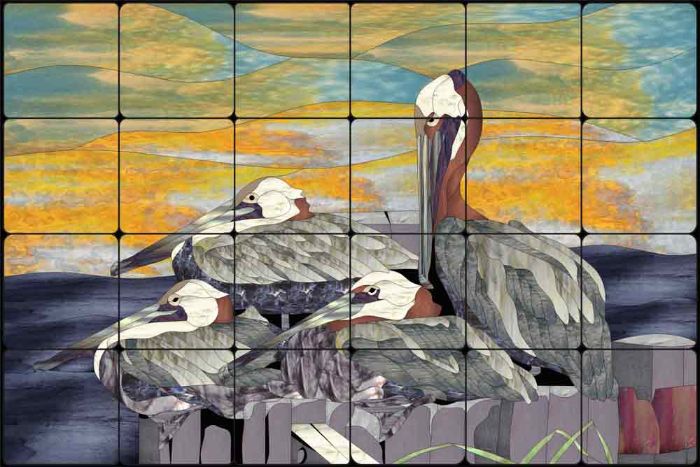 Pelicans by Paned Expressions Studios Tumbled Marble Tile Mural OB-PES04