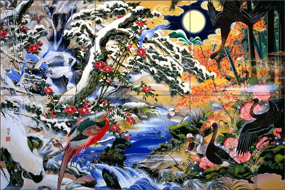 Birds and Flowers by Zigen Tanabe Ceramic Tile Mural OB-ZT03