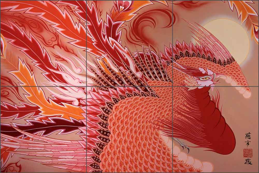 Red Peacock by Zigen Tanabe Ceramic Tile Mural - OB-ZT08