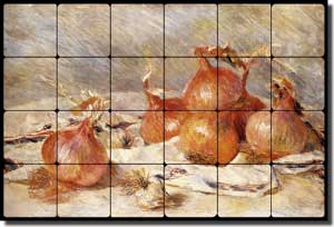 Renoir Onions Vegetable Tumbled Marble Tile Mural 24" x 16" - PAR002