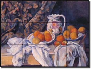 Still Life With a Curtain by Paul Cezanne - Fruit Still Life Tumbled Marble Tile Mural 16" x 24" Kit