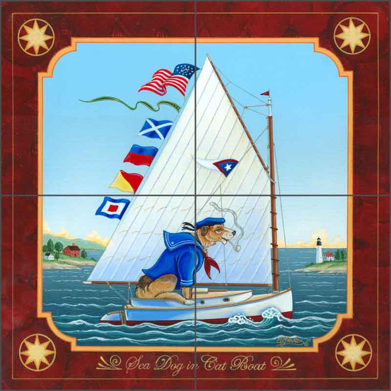 Sea Dog in Cat Boat by Ed Parker Ceramic Tile Mural - POV-EP006