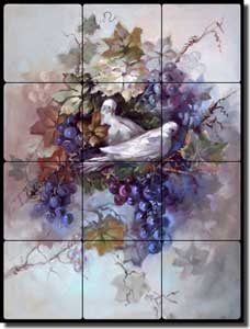 Taite Grapes Doves Tumbled Marble Tile Mural 18" x 24" - POV-FPT001