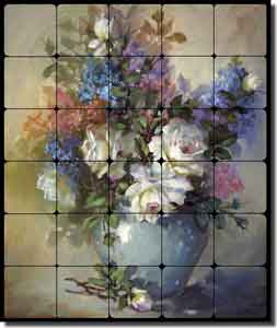Taite Flowers Roses Tumbled Marble Tile Mural 20" x 24" - POV-FPT006