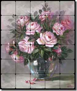 Taite Roses Flowers Tumbled Marble Tile Mural 20" x 24" - POV-FPT010