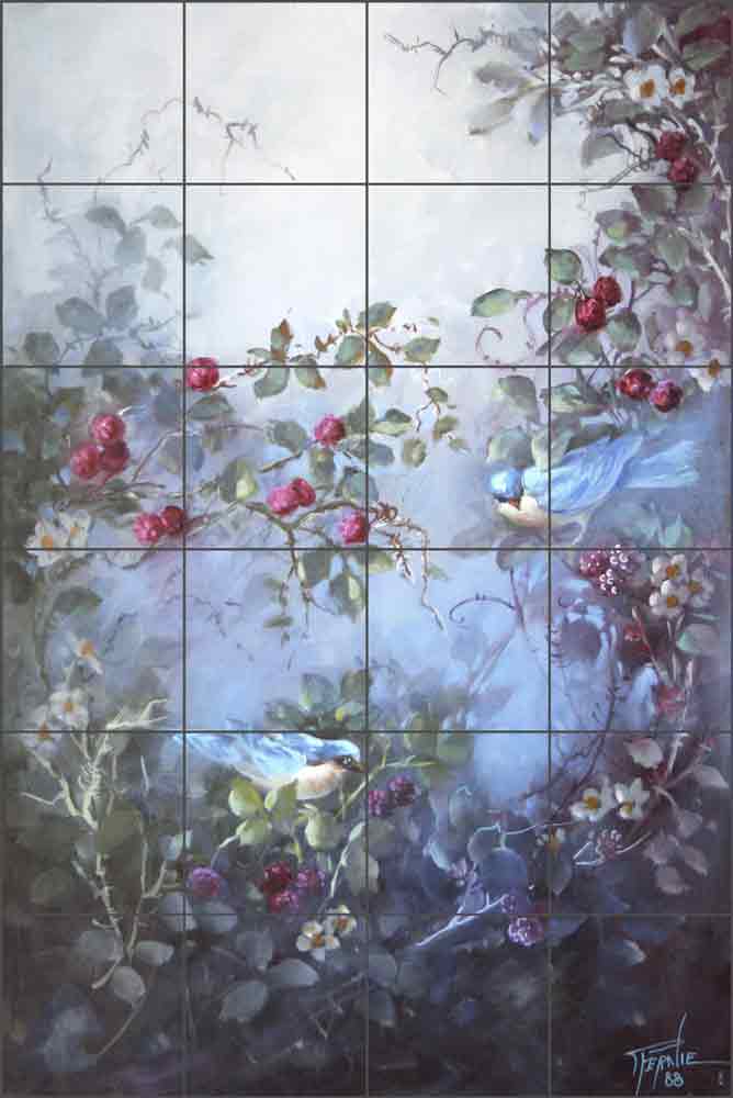 Raspberry and Blue Birds by Fernie Parker Taite Ceramic Tile Mural - POV-FPT011