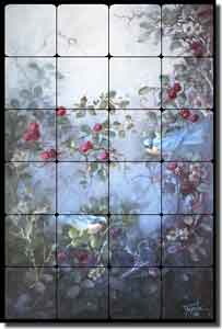 Taite Bluebirds Raspberry Tumbled Marble Tile Mural 16" x 24" - POV-FPT011