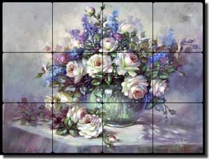 Taite Roses Flowers Tumbled Marble Tile Mural 24" x 18" - POV-FPT013
