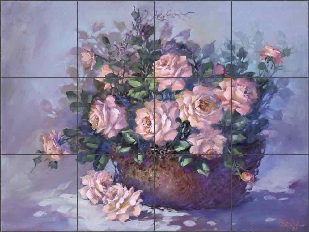 Roses in Wicker Basket by Fernie Parker Taite Ceramic Tile Mural POV-FPT015