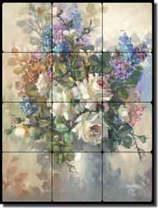 Taite Roses Flowers Tumbled Marble Tile Mural 12" x 16" - POV-FPT016