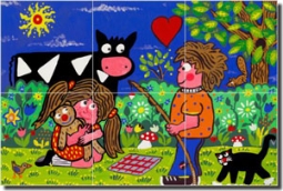 Nebron Children Cow Glass Wall & Floor Tile Mural 18" x 12" - POV-GNA005