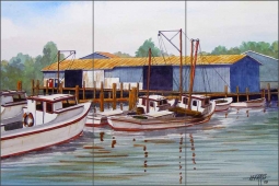 Deadrise Dock by Hugh Harris Ceramic Tile Mural - POV-HHA005