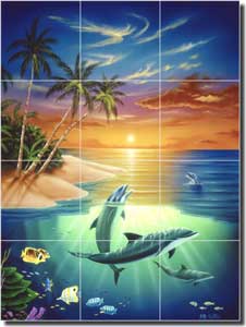 Dolphin Island by Jeff Wilkie Glass Tile Mural 18" x 24" - POV-JWA003