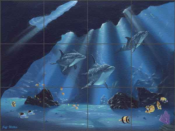 Wilkie Undersea Dolphins Glass Tile Mural - POV-JWA006