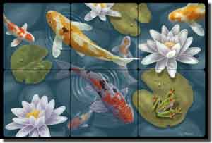 Wilkie Koi Fish Tumbled Marble Tile Mural 18" x 12" - POV-JWA018
