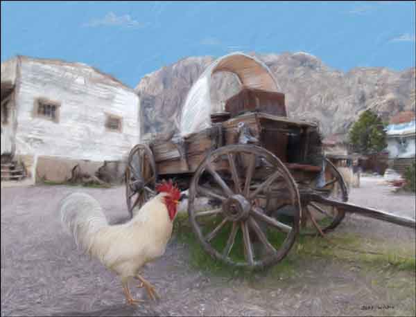 Rooster and Wagon by Jeff Wilkie Ceramic Accent & Decor Tile - POV-JWA028AT