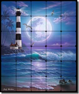 Wilkie Seascape Lighthouse Tumbled Marble Tile Mural 20" x 24" - POV-JWA032