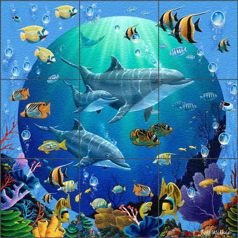 Dolphin Explorers II by Jeff Wilkie Glass Wall & Floor Tile Mural - POV-JWA038