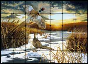 Kendrick Lodge Art Pheasant Bird Tumbled Marble Tile Mural 28" x 20" - POV-LKA002