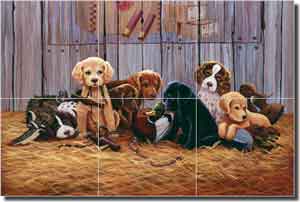 Kendrick Puppies Dogs Glass Tile Mural 18"  x 12" - POV-LKA003