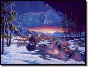 Kendrick Native American Buffalo Tumbled Marble Tile Mural 24" x 18" - POV-LKA006
