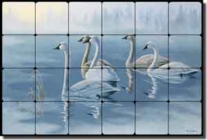 Kendrick Birds Swans Tumbled Marble Tile Mural 24" x 16" - POV-LKA019