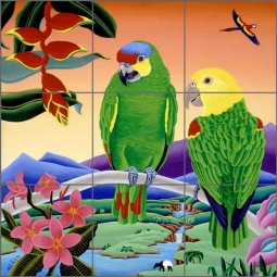 Amazon Parrots by Raul del Rio Ceramic Tile Mural - POV-RR012