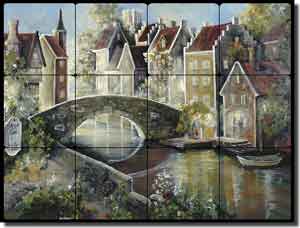 Whitney Village Landscape Tumbled Marble Tile Mural 24" x 18" - POV-TWA016