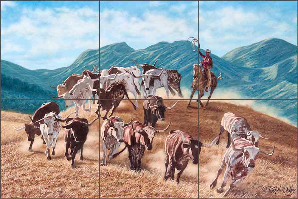 Longhorns by Ralph Delby Ceramic Tile Mural RDA001