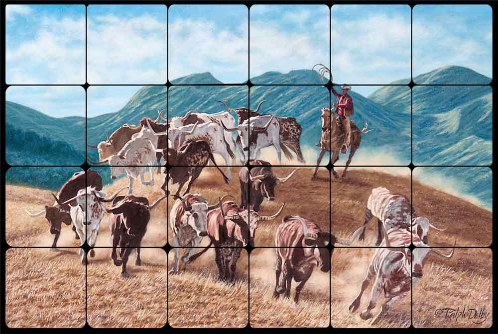 Longhorns by Ralph Delby Tumbled Marble Tile Mural - RDA001
