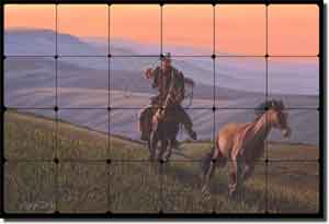 Delby Cowboy Western Art Tumbled Marble Tile Mural 24" x 16" - RDA002
