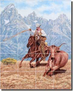 Delby Cowboy Longhorn Ceramic Tile Mural 17" x 21.25" - RDA009