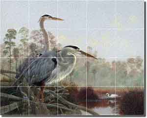 Binks Heron Egret Birds Glass Tile Mural 30" x 24"