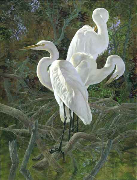 Three Egrets by Robert Binks Ceramic Accent & Decor Tile - REB013AT